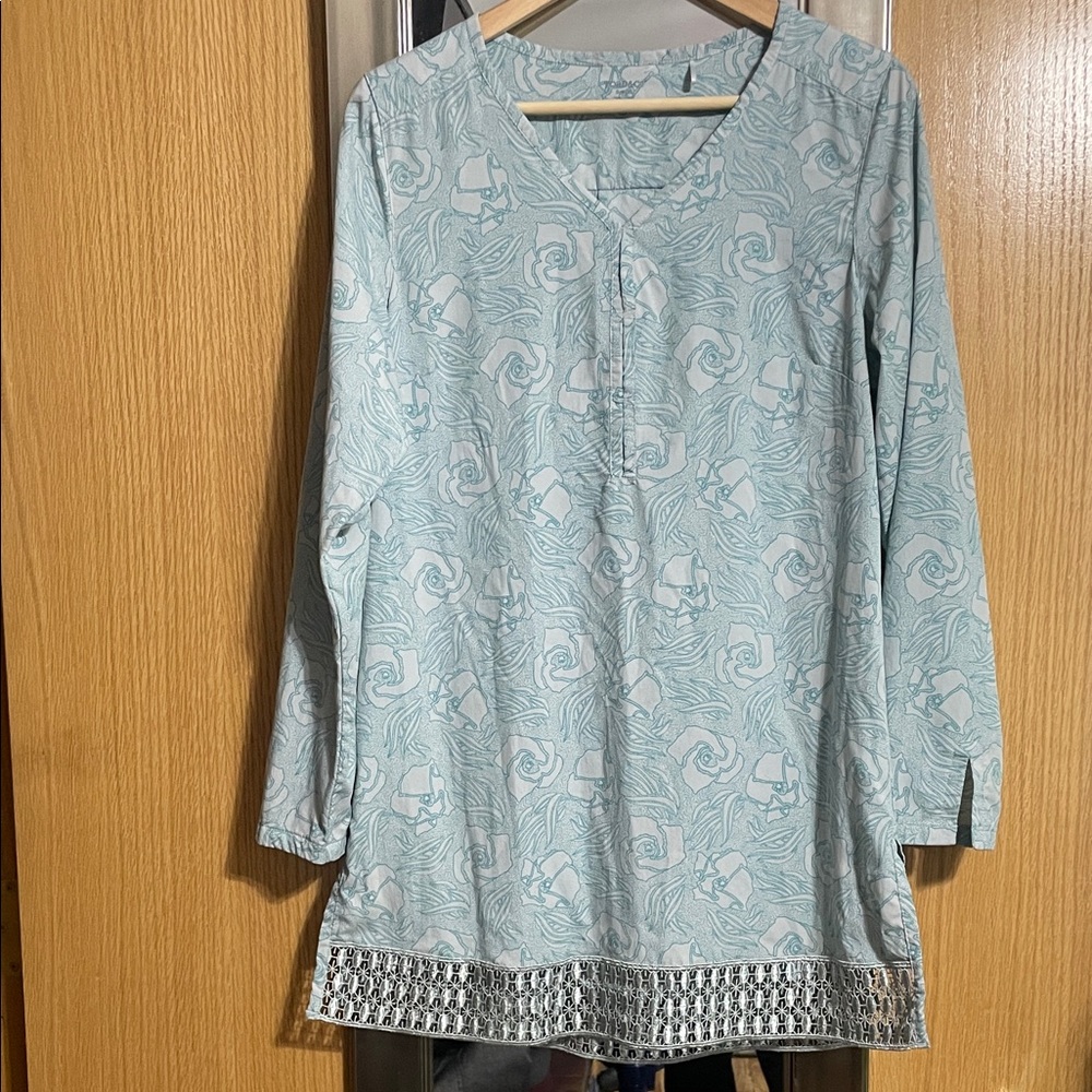 Toad & Co. Teal Patterned Women's Sunlight Tunic Top with Lace Trim size Small